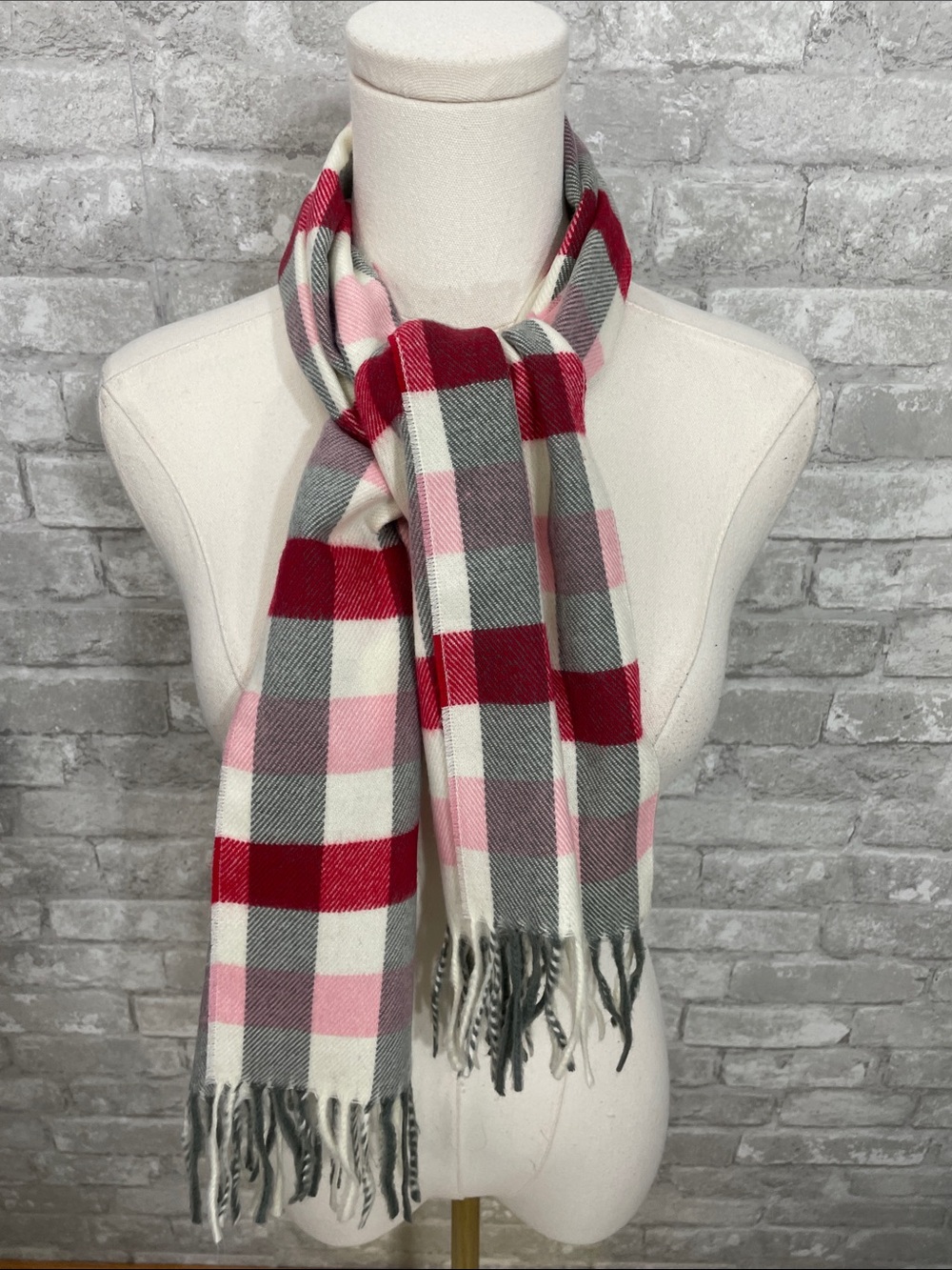 Christian Dior Pink Red Gray White Plaid Fringe Scarf